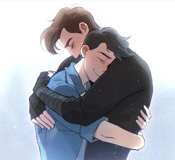 2boys anthony_stellar black_jacket blue_eyes blue_hair blue_shirt blue_skin book brown_hair closed_eyes colored_skin elijah_douchnov ghost highres holding holding_book hug hug_from_behind jacket long_sleeves male_focus multiple_boys my_student_spirit open_mouth red_shirt shirt short_hair simple_background smile speech_bubble teeth upper_body white_background yaoi yy20251111