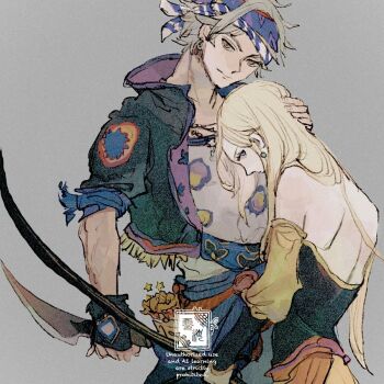 arm_ribbon black_jacket black_shirt blonde_hair blue_eyes brown_eyes celes_chere commentary dagger detached_sleeves earrings english_commentary final_fantasy final_fantasy_vi grey_background grey_hair hand_in_another&#039;s_hair headscarf hetero holding holding_dagger holding_knife holding_sword holding_weapon jacket jewelry knife locke_cole long_hair necklace parted_bangs print_shirt ribbon sash shirt short_hair sword upper_body waist_sash weapon yellow_sleeves zerou_pan