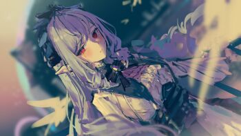 1girl absurdres ascot blurry blurry_background blurry_foreground blush bow bowtie breast_curtains breasts center_frills closed_mouth drill_hair drill_sidelocks frills gem grass hairband highres hollow_(zenless_zone_zero) long_hair looking_to_the_side medium_breasts mole mole_under_eye outdoors pointy_ears purple_ascot purple_bow purple_bowtie purple_gem purple_hair purple_hairband red_eyes shrug_(clothing) sideboob sidelocks solo upper_body vivian_banshee white_shrug yu_hydra zenless_zone_zero