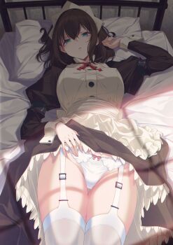 1girl 40hara absurdres apron black_dress bow bow_panties breasts brown_hair clothes_lift commentary_request disgust dress garter_belt garter_straps glaring green_eyes highres itou_chitose iya_na_kao_sare_nagara_opantsu_misete_moraitai lace_trim large_breastslifting_own_clothes maid maid_apron maid_headdress neck_ribbon official_art panties ribbon satin satin_panties skirt skirt_lift solo thighhighs underwear white_panties white_thighhighs