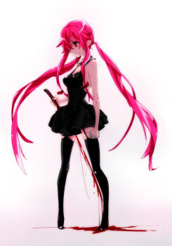 1girl bare_shoulders black_thighhighs blood bloody_weapon boots breasts cleavage crazy dress female_focus garter_straps gasai_yuno hair_over_one_eye high_heels katana kmikan long_hair mirai_nikki pigeon-toed pink_eyes pink_hair shoes smile solo sword thigh_boots thighhighs twintails very_long_hair weapon yandere zettai_ryouiki
