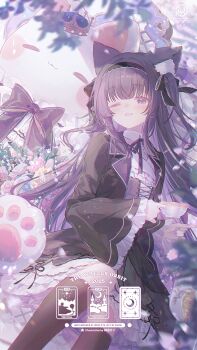 Rule 34 | 1girl, 2025, ;d, animal ear fluff, animal ears, black bow, black hairband, black jacket, black socks, blurry, blurry foreground, blush, bow, collared shirt, commentary request, commission, crown, cup, depth of field, dress, flower, grey dress, hair bow, hairband, highres, holding, holding cup, holding saucer, jacket, kneehighs, long hair, mini crown, neck ribbon, one eye closed, open clothes, open jacket, open mouth, original, pink flower, purple eyes, purple hair, purple ribbon, ribbon, rose, saucer, shirt, smile, socks, solo, stuffed animal, stuffed cat, stuffed toy, tarot, the moon (tarot), the star (tarot), two side up, umehara sei, very long hair, watermark, white flower, white rose, white shirt, yellow flower