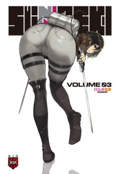 1girl ass ass_focus bent_over black_eyes black_hair boots cover crotch dual_wielding female_focus from_behind full_body highres holding huge_ass jacket knee_boots leaning_forward looking_at_viewer looking_back mikasa_ackerman namaniku_atk pantylines shingeki_no_kyojin short_hair simple_background skin_tight solo standing sword thigh_boots thigh_gap thighhighs three-dimensional_maneuver_gear weapon white_background
