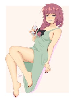 1girl absurdres alcohol_carton artist_name bare_arms bare_legs barefoot black_bow black_nails blush bocchi_the_rock! border bow braid breasts bright_background commentary dress drink_carton drop_shadow feet fingernails full_body green_dress grin hair_bow hair_over_shoulder highres hiroi_kikuri holding holding_drink_carton legs long_hair looking_at_viewer medium_dress nail_polish orange_background outside_border pink_hair purple_eyes sharp_teeth signature simple_background single_braid sleeveless sleeveless_dress small_breasts smile solo teeth toenail_polish toenails toes treepxiv white_border