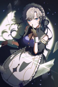 1girl absurdres apron arm_up black_corset black_dress black_ribbon bra breasts chinese_clothes cleavage_cutout clothing_cutout corset detached_sleeves dress fishnet_gloves fishnets framed_breasts framed_cleavage frilled_apron frills glass glass_shards gloves gradient_eyes grey_hair highres kisara_(maid)_(nijisanji) kisara_(nijisanji) large_breasts lifting_own_clothes long_hair looking_at_viewer maid maid_apron maid_headdress mikan_(migwang) mixed_maids multicolored_eyes nape_braid nijisanji parted_bangs purple_bra qi_maid ribbon short_sleeves sleeveless smile underwear virtual_youtuber waist_apron white_apron wrist_cuffs