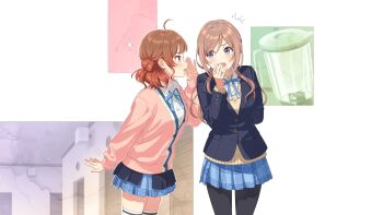 2girls ahoge blazer blender_(object) blue_eyes brown_eyes brown_hair buttons cardigan collared_shirt gakuen_idolmaster game_cg hanami_ume himesaki_rinami idolmaster jacket layered_skirt mulitcoloured_hair multiple_girls neck_ribbon official_art open_mouth pantyhose pink_cardigan profile red_hair ribbon school_uniform shirt skirt sweater_vest thighhighs whispering white_shirt white_thighhighs