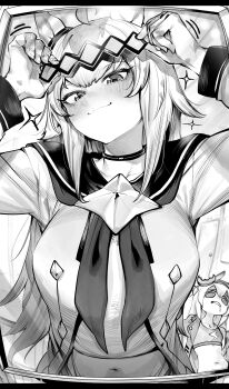 2girls absurdres animal_ears blush closed_mouth drooling greyscale highres horse_ears horse_girl jacket lightning_bolt_symbol long_hair long_sleeves midriff monochrome multicolored_hair multiple_girls navel neckerchief niwarhythm oguri_cap_(starlight_beat)_(umamusume) oguri_cap_(umamusume) open_clothes open_jacket partially_shaded_face reflection reflection_focus sailor_collar shirt smile solo_focus sparkle sparkling_aura stomach streaked_hair tamamo_cross_(umamusume) tamamo_cross_(with_lightning_speed)_(umamusume) umamusume