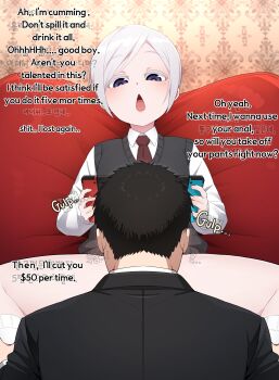 2boys absurdres blue_eyes blush bottomless brown_hair collared_shirt commentary controller english_commentary english_text feet_out_of_frame fellatio formal_clothes from_behind game_controller handheld_game_console hard-translated highres holding holding_controller holding_game_controller holding_legs in_(ain) josou_seme kneehighs long_sleeves male_focus multiple_boys necktie nintendo nintendo_switch open_mouth oral original shirt short_hair shota sitting socks spread_legs suit third-party_edit tongue vest wallpaper_(object) white_hair white_shirt white_socks yaoi