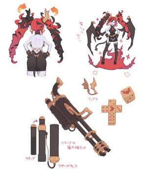 1girl animal_print asymmetrical_bangs asymmetrical_hair asymmetrical_horns back_cutout backless_dress backless_outfit bare_back bare_shoulders bat_(symbol) bat_print bat_symbol belt black_dress black_footwear black_gloves black_hair black_horns black_tail black_thighhighs black_wings breasts carpet closed_eyes closed_mouth clothing_cutout colored_skin cropped_legs demon_girl demon_tail demon_wings diamond_(shape) dice dice_earrings dress drill_hair ear_ornament ear_piercing earrings facing_away facing_viewer fake_horns female_focus fingerless_gloves from_behind from_front full_body gloves gold_belt gold_earrings gold_headwear gold_horns gold_tiara grey_skin gun hair_over_one_eye halterneck hands_on_own_hips high_heels horn_ornament horned_headwear horned_tiara horns inu_fuji jacket japanese_text jewelry long_hair machine_gun mammon_(inu_fuji) mole mole_under_eye multicolored_hair multiple_views necktie original piercing pointy_ears red_carpet red_footwear red_hair red_necktie short_dress side_slit simple_background sleeveless sleeveless_dress smile sparkle standing streaked_hair tail thighhighs tiara translation_request twin_drills two-tone_footwear two-tone_hair vest weapon white_background white_vest wings