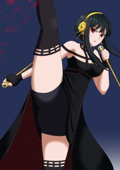 Rule 34 | 1girl, axe kick, bike shorts, black background, black dress, black gloves, black hair, black leotard, breasts, closed eyes, dagger, dress, dual wielding, earrings, fingerless gloves, flower, frown, gloves, gold earrings, gold hairband, gradient background, hair flower, hair ornament, hairband, halterneck, hiromon, holding, holding dagger, holding knife, holding weapon, jewelry, kicking, knife, leg up, leotard, long dress, long hair, looking at viewer, medium breasts, off-shoulder dress, off shoulder, red eyes, reverse grip, short hair with long locks, shorts under dress, side slit, solo, split, spy x family, standing, standing on one leg, standing split, stiletto (weapon), thighhighs, weapon, yellow flower, yor briar