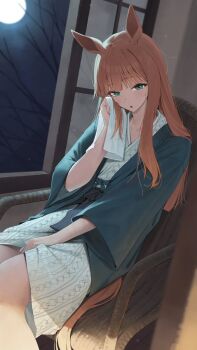 1girl animal_ears aqua_eyes black_haori black_sash blush chair commentary_request full_moon haori highres holding holding_towel horse_ears horse_girl horse_tail japanese_clothes kimono long_hair moon night ningen_gokko on_chair open_mouth orange_hair sash silence_suzuka_(umamusume) sitting sky solo tail towel umamusume white_kimono