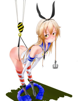 10s 1girl anchor_hair_ornament ass blonde_hair breasts butt_crack covered_erect_nipples elbow_gloves female_focus gloves hair_ornament hair_ribbon hook kantai_collection leaning_forward long_hair monte_(koupin) ribbon sailor_collar see-through_clothes shimakaze_(kancolle) simple_background skirt small_breasts solo striped_clothes striped_thighhighs tan tanline thighhighs thong thong_tanline unworn_skirt wedgie yellow_eyes