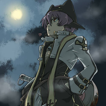 1boy arch_bishop_(ragnarok_online) black_coat black_hat black_wings cloud coat commentary_request cowboy_shot cropped_jacket demon_wings deviruchi_hat flower flower_in_mouth frying_pan grey_sky hands_in_pockets hat head_wings jacket long_sleeves looking_afar male_focus night orange_eyes pink_flower purple_hair ragnarok_online short_hair sky solo susukinohukurou white_jacket wings