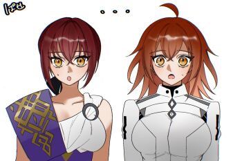 Rule 34 | 2girls, ahoge, ak03608778, ancient greek clothes, braid, breasts, chaldea master uniform, commentary request, dress, fate/grand order, fate/strange fake, fate (series), fujimaru ritsuka (female), goddess of war (fate), greco-roman clothes, hair between eyes, hair bun, hair ornament, hair ribbon, highres, hippolyta (fate), long sleeves, looking at viewer, multiple girls, one side up, open mouth, orange hair, orange scrunchie, red hair, ribbon, scrunchie, short hair, side ponytail, simple background, white background, yellow eyes