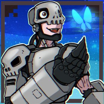 Rule 34 | andromon, brown hair, bug, butterfly, digimon, digimon (creature), fang, happy, insect, smile, solo, sticker