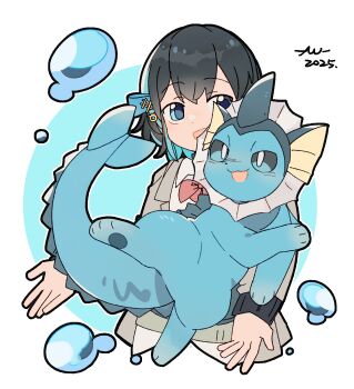 1girl black_hair blazer blue_background blue_eyes blue_hair blue_skin bow bowtie brown_jacket bubble colored_inner_hair colored_skin cropped_torso fins gen_1_pokemon hair_ornament head_fins highres jacket medium_hair miyamai_moca multicolored_hair nimingduz nintendo open_clothes open_jacket open_mouth pokemon pokemon_(creature) red_bow red_bowtie shirt tail two-tone_background upper_body vaporeon voicepeak voiceroid white_background white_shirt