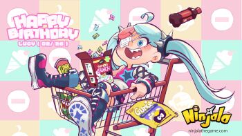 1girl absurdres ahoge aqua_eyes aqua_hair arrow_(symbol) artistic_error bag_of_chips belt birthday blue_boots blue_pupils blue_shorts blush boots bottle cereal cereal_box character_name chewing_gum child commentary copyright_name copyright_notice denim denim_shorts english_commentary english_text eyelashes eyepatch flat_chest food gungho happy_birthday highres in_shopping_cart knee_boots lace-up_boots logo lone_nape_hair long_hair lucy_(ninjala) marshmallow medical_eyepatch multicolored_hair ninjala nose official_art one_eye_covered open_box outline pantyhose pastel_colors pink_belt pink_hair pink_shirt pole print_shirt purple_outline rianti-wong second-party_source sharp_teeth shirt shoe_soles shoes shopping_cart shorts shuriken shuriken_print single_bare_arm single_fishnet_armwear single_fishnet_legwear single_leg_pantyhose single_sleeve skinny sleeveless sleeveless_shirt smile soda_bottle solo spiked_hair_ornament star_(symbol) star_print swept_bangs teeth tongue torn_clothes torn_shorts twintails two-tone_hair two-tone_shirt watermark weapon web_address white_pantyhose white_shirt white_sleeves wrestling_boots