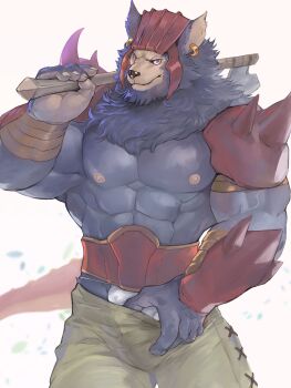 1boy abs animal_ears animal_nose armor axe bare_pectorals belt biceps black_fur breasts bulge closed_mouth commentary_request cowboy_shot dark-skinned_male dark_skin debris earrings fuga9 furry furry_male gauntlets gold_earrings green_pants headgear highres holding holding_axe jewelry larc_(lom) large_breasts legend_of_mana lizard_tail loincloth looking_at_viewer male_focus mane mixed-language_commentary muscular muscular_male nipples pants pectorals purple_eyes seiken_densetsu shoulder_armor simple_background snout solo standing tail veins weapon_across_shoulders wolf_boy wolf_ears
