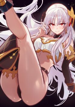 Rule 34 | 0nineo9, 1girl, absurdres, ass, asymmetrical legwear, bare shoulders, blush, breasts, cosplay, detached sleeves, fate/grand order, fate/strange fake, fate (series), fillia (fate), high heels, highres, ishtar (fate), ishtar (fate) (cosplay), legs, long hair, looking at viewer, medium breasts, panties, red eyes, smile, solo, underwear, unfinished, white hair