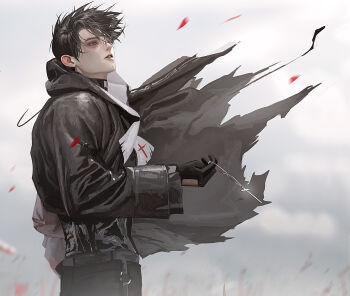 1boy black_eyes black_gloves black_hair black_jacket black_shirt blood blood_splatter blurry blurry_background cowboy_shot cross cross_pendant curtained_hair day depth_of_field gloves highres holding holding_jewelry holding_necklace hood hood_down jacket jewelry male_focus meltoring necklace original outdoors parted_lips scarf shirt short_hair solo torn_clothes white_scarf wind wind_lift