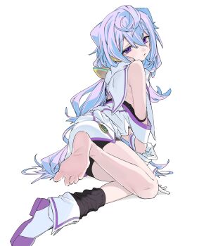 1boy barefoot bike_shorts blue_hair boots feet hacka_doll hacka_doll_3 hair_between_eyes highres low_twintails lying male_focus on_side parted_lips purple_eyes simple_background single_boot soles solo toes trap twintails umashio_potechi-san white_background