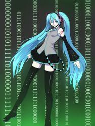 Rule 34 | 1girl, aqua eyes, aqua hair, aqua necktie, binary, black skirt, boots, breasts, closed mouth, commentary request, full body, gradient background, green background, grey shirt, hatsune miku, headset, highres, kakone, long hair, looking at viewer, necktie, number background, shirt, skirt, sleeveless, sleeveless shirt, small breasts, solo, thigh boots, twintails, very long hair, vocaloid