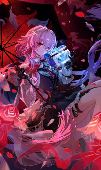 1girl black_dress black_gloves box cat_princess closed_mouth commentary_request dress evernight_(honkai:_star_rail) flower gloves hair_between_eyes highres holding holding_box holding_umbrella honkai:_star_rail honkai_(series) long_hair long_sleeves looking_at_viewer march_7th_(honkai:_star_rail) pink_hair red_eyes signature smile solo umbrella