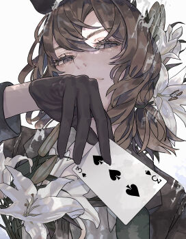 Rule 34 | 1girl, absurdres, animal ears, black gloves, brown eyes, brown hair, card, closed mouth, collared shirt, ear covers, flower, gloves, hair between eyes, hair flower, hair ornament, highres, holding, holding card, horse ears, horse girl, jacket, long hair, long sleeves, looking at viewer, nakayama festa (festival game) (umamusume), nakayama festa (umamusume), necktie, official alternate costume, open clothes, open jacket, oshiri seijin, playing card, shirt, single ear cover, single glove, solo, spade (shape), three of spades, umamusume, upper body