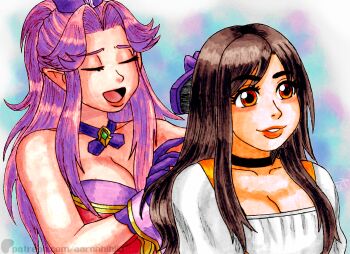 2girls aaronhibiki angela_(seiken_densetsu_3) artist_name breasts brown_eyes brown_hair brushing_another&#039;s_hair brushing_hair cleavage closed_eyes company_connection crossover female_focus final_fantasy final_fantasy_ix garnet_til_alexandros_xvii gloves hair_intakes hat highres jewelry large_breasts leotard lips long_hair multiple_girls necklace open_mouth parted_lips patreon_logo patreon_username pointy_ears purple_gloves purple_hair red_leotard seiken_densetsu seiken_densetsu_3 sidelocks square_enix swept_bangs teeth watermark web_address