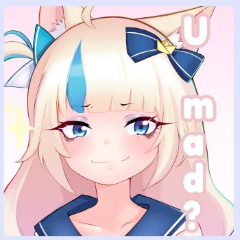 1girl animal_ears bags_under_eyes blonde_hair blue_eyes blue_sailor_collar bow cat_ears cat_girl child close-up closed_mouth eyebrows_hidden_by_hair eyelashes eyeshadow fang female_focus gradient_background hair_bow indie_virtual_youtuber looking_at_viewer makeup multicolored_hair pink_background ringo-chan_(saikoaweonao23) sailor_collar sameko_saba simple_background skin_fang smile smug solo two-tone_hair virtual_youtuber