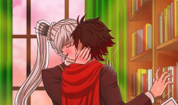 2girls book bookshelf cape close-up dusk head_grab jacket kiss long_hair miniskirt multiple_girls osiria-arts pantyhose plaid_clothes plaid_skirt ponytail red_cape red_hair ruby_rose rwby school_uniform short_hair skirt sunlight surprised weiss_schnee white_hair yuri