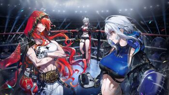 3girls abs augusta_(wuthering_waves) bandage_on_face bandages black_jacket boxing_gloves boxing_ring breasts camellya_mascot_(meme) commentary_request crop_top crossed_arms galbrena_(wuthering_waves) grey_hair jacket korean_commentary long_hair maenoo medium_breasts medium_hair meme multiple_girls navel official_alternate_costume official_art orange_hair parted_lips people scar smile stomach toned toned_female wuthering_waves zani_(wuthering_waves)