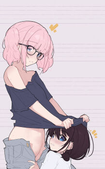2girls blue_eyes blush brown_hair censored chinese_commentary commentary_request girls_band_cry glasses grey_eyes grey_shirt hair_between_eyes highres hina_(girls_band_cry) imminent_cunnilingus iseri_nina low_twintails mosaic_censoring multiple_girls navel no_panties open_fly open_mouth pink_hair shirt short_hair short_twintails twintails white_shirt yun_cao_bing