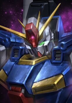 armor blue_armor commentary english_commentary glowing glowing_eyes green_eyes gundam gundam_zz highres looking_at_viewer mecha mecha_focus mobile_suit multicolored_armor porukima purple_background red_armor robot science_fiction space star_(sky) starry_sky_background upper_body v-fin white_armor yellow_armor zz_gundam