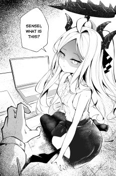 1girl 1other absurdres ass blue_archive closed_mouth clover_dot_(clov_erd) computer english_text from_behind from_side greyscale halo highres hina_(blue_archive) horns laptop long_hair long_sleeves looking_at_viewer looking_back low_wings monochrome multiple_horns pov pov_hands serious shaded_face shirt sitting skirt sleeveless sleeveless_shirt solo_focus speech_bubble thighhighs wings