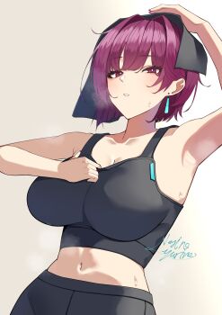 1girl absurdres arm_up armpits bare_shoulders black_pants black_sports_bra blush breasts cleavage collarbone crop_top earrings heaven_burns_red highres jewelry large_breasts looking_at_viewer midriff navel negino_yurine pants parted_lips purple_eyes purple_hair red_eyes short_hair simple_background solo sports_bra steam steaming_body sweat tezuka_saki towel towel_on_head upper_body yoga_pants