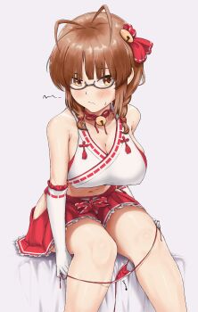 1girl absurdres akizuki_ritsuko antenna_hair bare_shoulders bikini bikini_bottom_pull bikini_pull black-framed_eyewear blush bow braid breasts brown_eyes brown_hair cleavage closed_mouth clothes_pull clothing_cutout concept_maihime_(idolmaster) elbow_gloves glasses gloves hair_ribbon halter_shirt halterneck highres hip_vent idolmaster idolmaster_(classic) idolmaster_million_live! idolmaster_million_live!_theater_days large_breasts navel nii_niip nontraditional_miko red_bikini red_ribbon red_skirt ribbon ribbon-trimmed_gloves ribbon-trimmed_shirt ribbon_trim semi-rimless_eyewear shirt simple_background sitting skirt sleeveless sleeveless_shirt solo swimsuit twin_braids under-rim_eyewear undressing waist_bow white_background white_gloves white_shirt