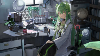 1girl absurdres arknights black_choker black_skirt choker closed_mouth coat cup desk globe green_eyes green_hair green_shirt highres holding holding_cup indoors infection_monitor_(arknights) lab_coat long_hair long_sleeves looking_at_viewer mole mole_under_eye muelsyse_(arknights) open_clothes open_coat pointy_ears sercet shirt sitting skirt smile solo umbrella white_coat