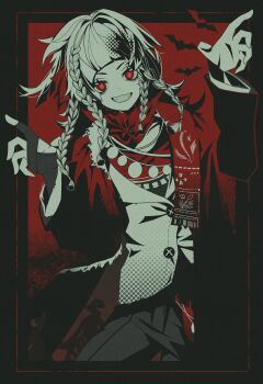 Rule 34 | 1girl, absurdres, acsuck, bat (animal), black coat, claw pose, coat, commentary request, cowboy shot, grey pants, grin, hands up, highres, korean commentary, limited palette, long hair, looking at viewer, pants, quad braids, red background, red eyes, red scarf, reverse:1999, rubuska, scarf, smile, solo, teeth