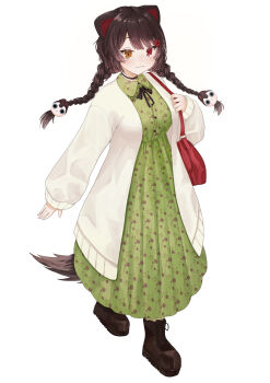 1girl :3 absurdres animal_ears animal_hair_ornament arm_at_side bag boots braid braided_twintails breasts brown_boots brown_hair closed_mouth collared_dress commentary_request dog_ears dog_girl dog_tail dress empire_waist flower_hairclip full_body green_dress handbag heterochromia highres inui_toko inui_toko_(fall_casual) jacket lace-up_boots long_dress long_sleeves looking_at_viewer low_twin_braids low_twintails medium_breasts neck_ribbon nijisanji no_headwear official_alternate_costume pleated_dress print_dress red_bag red_eyes ribbon simple_background smile solo swept_bangs tail tebingo twin_braids twintails virtual_youtuber white_background white_jacket yellow_eyes