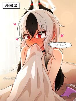 1girl black_choker black_hair blue_archive blush choker demon_horns demon_wings halo highres horns implied_after_sex indoors kayoko_(blue_archive) long_hair manli morning multicolored_hair nude on_bed red_eyes sitting solo two-tone_hair white_hair white_halo wings