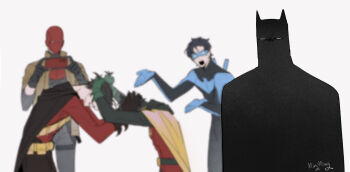 bat_signal batman batman_(series) batman_symbol belt black_cape black_gloves black_hair bodysuit brothers bruce_wayne cape cowl damian_wayne dc_comics dick_grayson domino_mask eye_mask gloves grey_bodysuit hashtag-only_commentary jason_todd male_focus mask minjmingg multicolored_bodysuit multiple_boys muscular muscular_male nightwing red_hood_(dc) robin_(dc) short_hair siblings simple_background superhero_costume taut_bodysuit tim_drake two-tone_bodysuit utility_belt