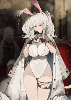 2girls absurdres animal_ears bai_yao_(user_ygua7252) bare_shoulders black_choker black_eyes breasts choker coat commentary grey_hair highres indoors large_breasts medium_hair multicolored_eyes multiple_girls original playboy_bunny pointy_ears rabbit_ears red_eyes stomach thighs twintails white_coat white_hair yellow_eyes