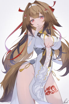 1girl absurdres animal_ears arched_back armlet bare_shoulders blush breasts brown_hair china_dress chinese_clothes clover clover_hair_ornament commentary_request cowboy_shot dress droopy_ears fox_ears fox_girl fox_tail grey_background hair_ornament hairband hand_up highres jewelry large_breasts leg_tattoo long_hair looking_at_viewer open_mouth pelvic_curtain pisuke_(user_kcmh2774) red_eyes see-through_clothes silver_armlet simple_background solo tail tattoo very_long_hair white_dress white_hairband ye_shunguang zenless_zone_zero
