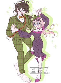 1boy 1girl barefoot blonde_hair blue_eyes bow bowtie brown_hair bug_cage choker closed_eyes commentary_request dancing danganronpa_(series) danganronpa_10th_anniversary_costume danganronpa_v3:_killing_harmony eyelashes eyewear_on_head flipped_hair formal_clothes full_body glasses gokuhara_gonta green_suit happy height_difference high_heels high_ponytail highres iruma_miu jacket jewelry long_hair long_sleeves mmr_0x necklace official_alternate_costume official_alternate_hairstyle pants plaid_clothes plaid_jacket plaid_pants plaid_suit ponytail smile sparkle suit sunglasses watermark