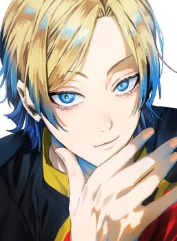 1boy black_shirt blonde_hair blue_eyes blue_hair blue_lock closed_mouth gradient_hair hand_up highres long_hair looking_at_viewer male_focus michael_kaiser multicolored_hair naka_(58hrprtr) red_shirt shirt simple_background smile soccer_uniform solo sportswear two-tone_hair two-tone_shirt upper_body v-shaped_eyebrows white_background