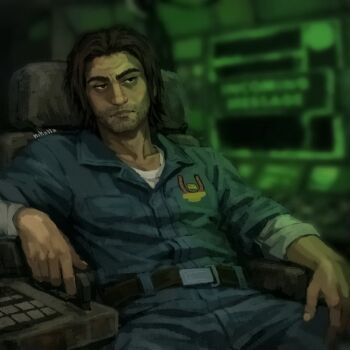 1boy arm_rest bags_under_eyes beard_stubble belt blue_shirt bored brown_eyes brown_hair collared_shirt commentary cowboy_shot english_commentary facial_hair head_tilt in-universe_location jimmy_(mouthwashing) leaning_back male_focus mouthwashing mullet pony_express_uniform shirt slouching solo stubble undershirt white_shirt x_nikatta_x