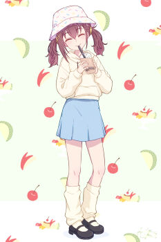 Rule 34 | 1girl, absurdres, black shoes, blue skirt, brown hair, bubble tea, closed eyes, closed mouth, cup, disposable cup, drinking, drinking straw, drinking straw in mouth, fruit background, full body, furutachi kurea, hair ornament, hair scrunchie, hat, hibi wa sugiredo meshi umashi, highres, holding, holding cup, hood, hoodie, kafka963, long sleeves, scrunchie, shoes, skirt, socks, solo, standing, twintails, white hat, x hair ornament, yellow hoodie, yellow scrunchie, yellow socks