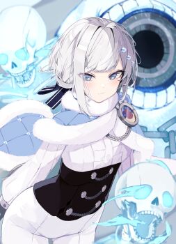1girl absurdres akershus_fortress_(oshiro_project) badge black_corset black_gloves blue_cape blue_eyes blush bodysuit bone braid breasts cape center_frills closed_mouth commentary_request commission corset frilled_shirt frills fur-trimmed_cape fur_trim gloves grey_hair hair_ornament highres long_sleeves looking_at_viewer mayogii medium_breasts monster oshiro_project:re second-party_source shirt skeb_commission skeleton skull solo swept_bangs thighs tight_clothes white_bodysuit white_shirt