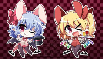 &gt;_o 2girls ;) ;d akaneya animal_ears bat_(animal) bat_wings checkered_background chibi fang flandre_scarlet hat leg_lift looking_at_viewer multiple_girls one_eye_closed open_mouth playboy_bunny rabbit_ears remilia_scarlet siblings sisters smile touhou tray wings